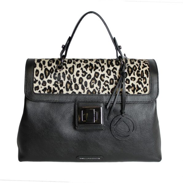 geanta dama din piele naturala dellaconte leopard cu negru